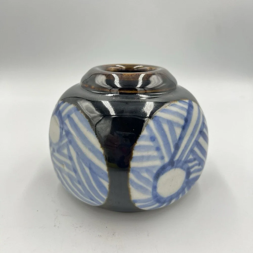 Vintage 1976 Studio Pottery Vase‎ Signed Renee Brown Blue Abstract 5.5